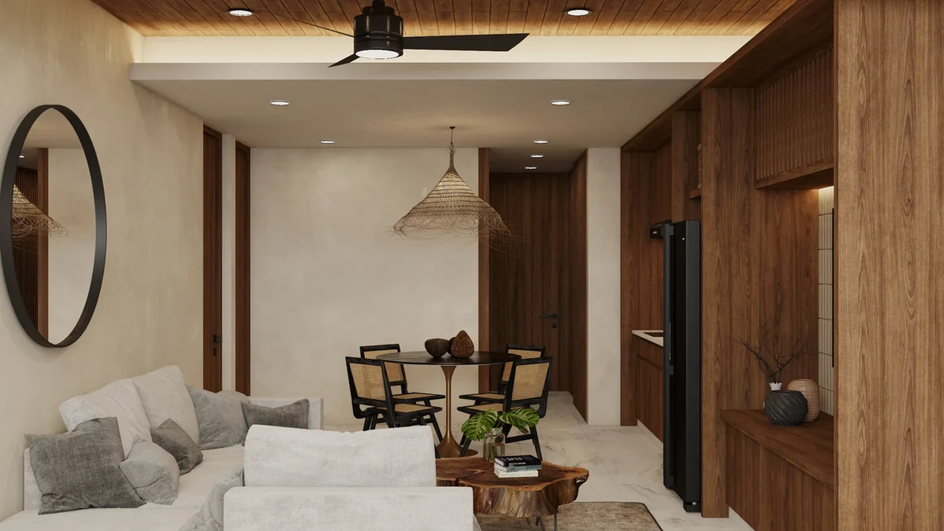 View of Open Concept Living at Piedra de Mar, showcasing Modern Interior Design, Wood Paneling.