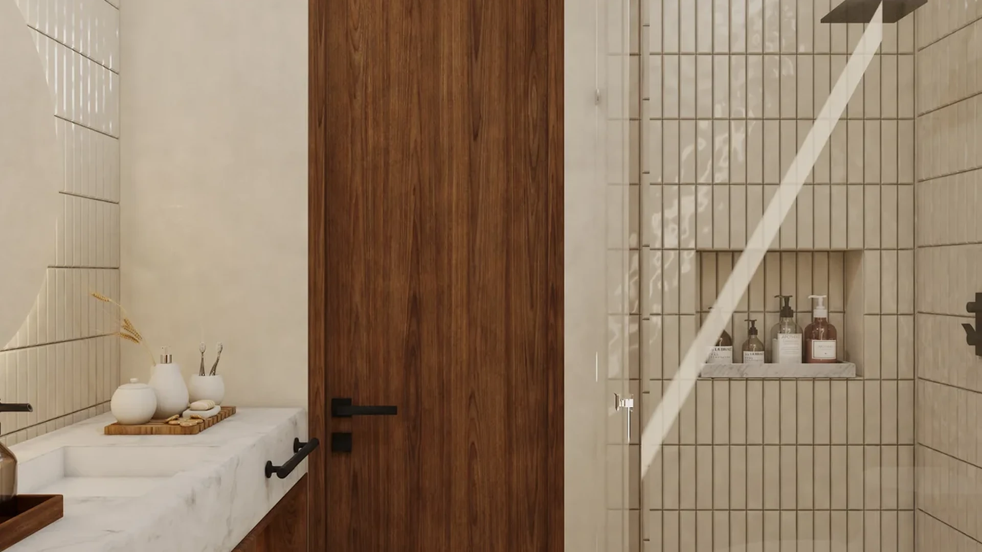 View of Modern Bathroom at Piedra de Mar, showcasing Walk-in Shower, Marble Vanity.