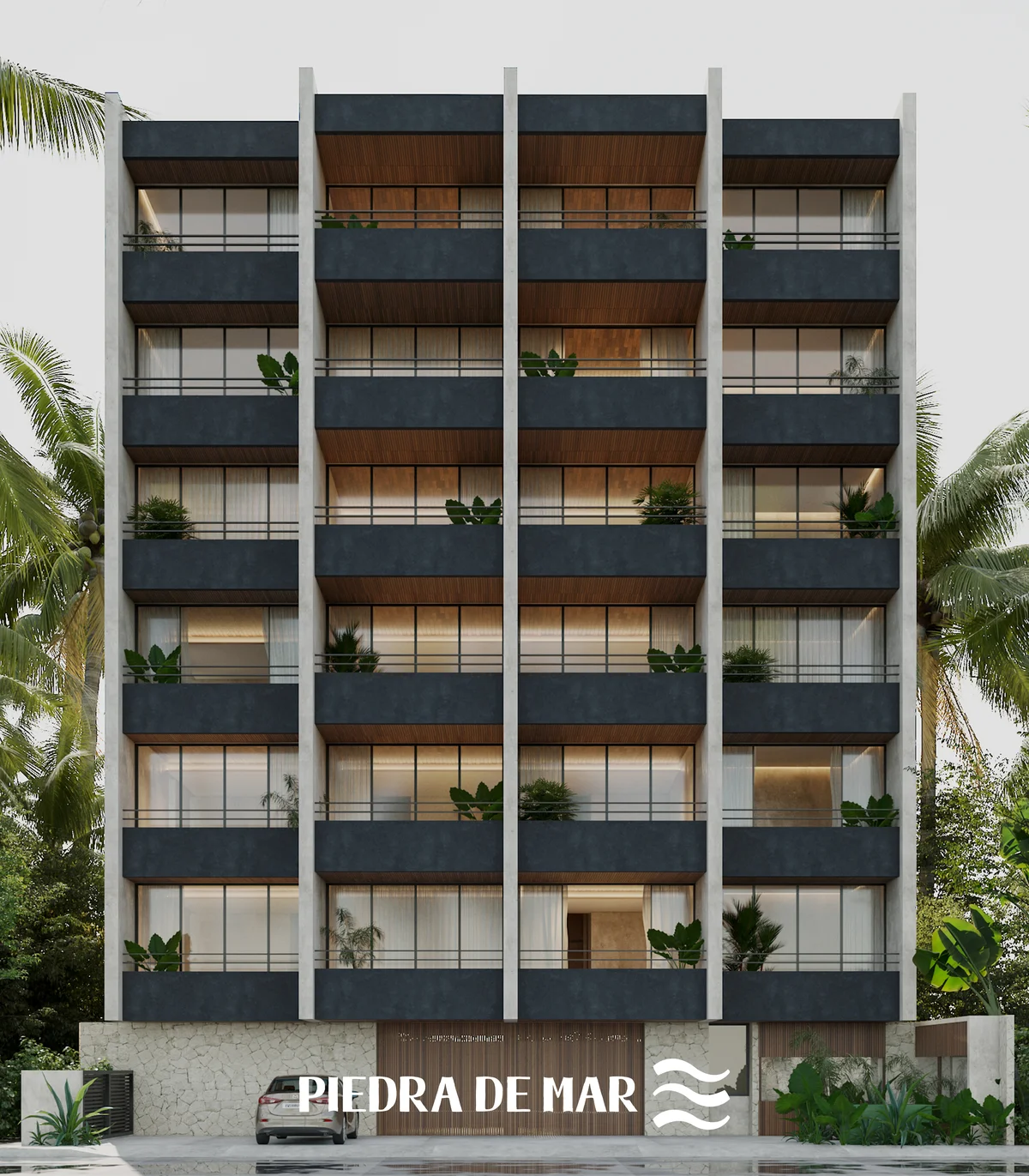 Image of Parking at Piedra de Mar, featuring Modern Architecture, Building Facade.