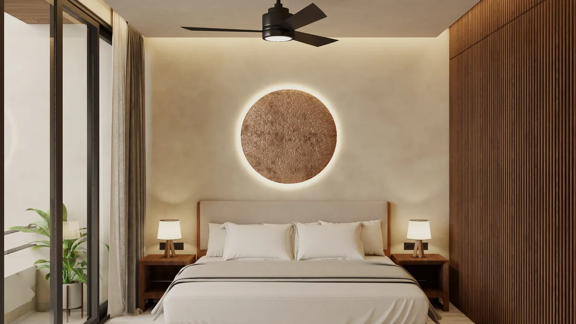 View of Modern Bedroom at Piedra de Mar, showcasing Wood Accent Wall, Luxury Interior Design.
