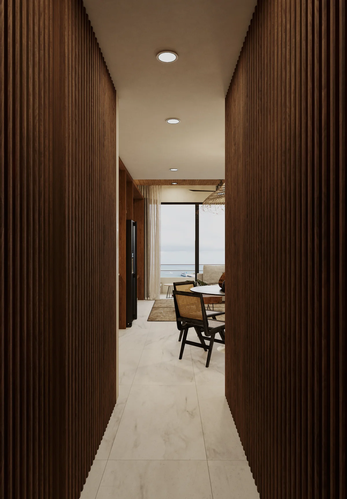 Image of Ocean View at Piedra de Mar, featuring Wood Slat Wall, Marble Flooring.