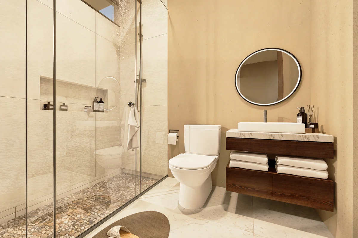 View of Modern Bathroom at Calypso, showcasing Walk-in Shower, Glass Shower Door.