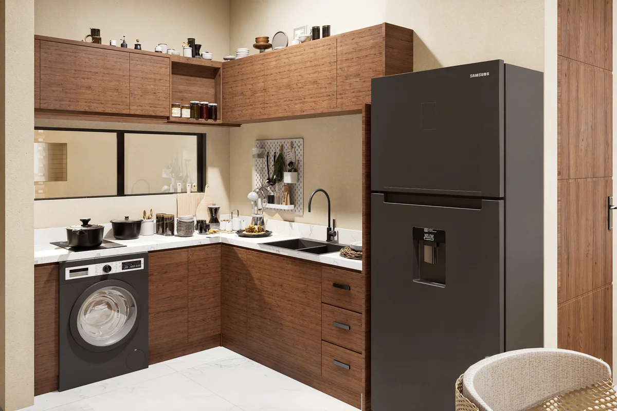 View of Modern Kitchen at Calypso, showcasing Wood Cabinetry, Marble Countertops.