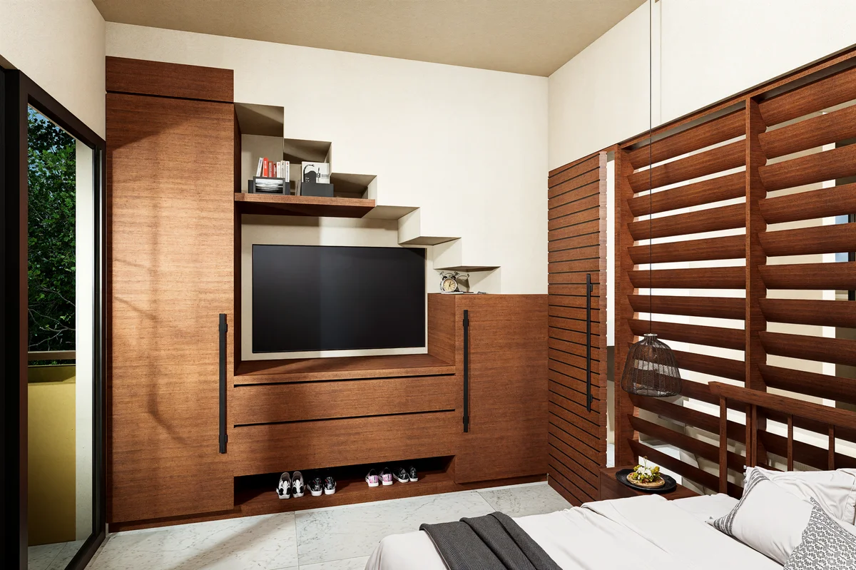 View of Modern Bedroom at Calypso, showcasing Wood Cabinetry, Built-in Storage.