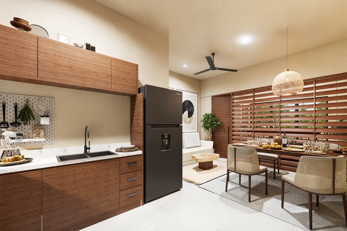 View of Open Concept Living at Calypso, showcasing Modern Kitchen, Wood Cabinetry.