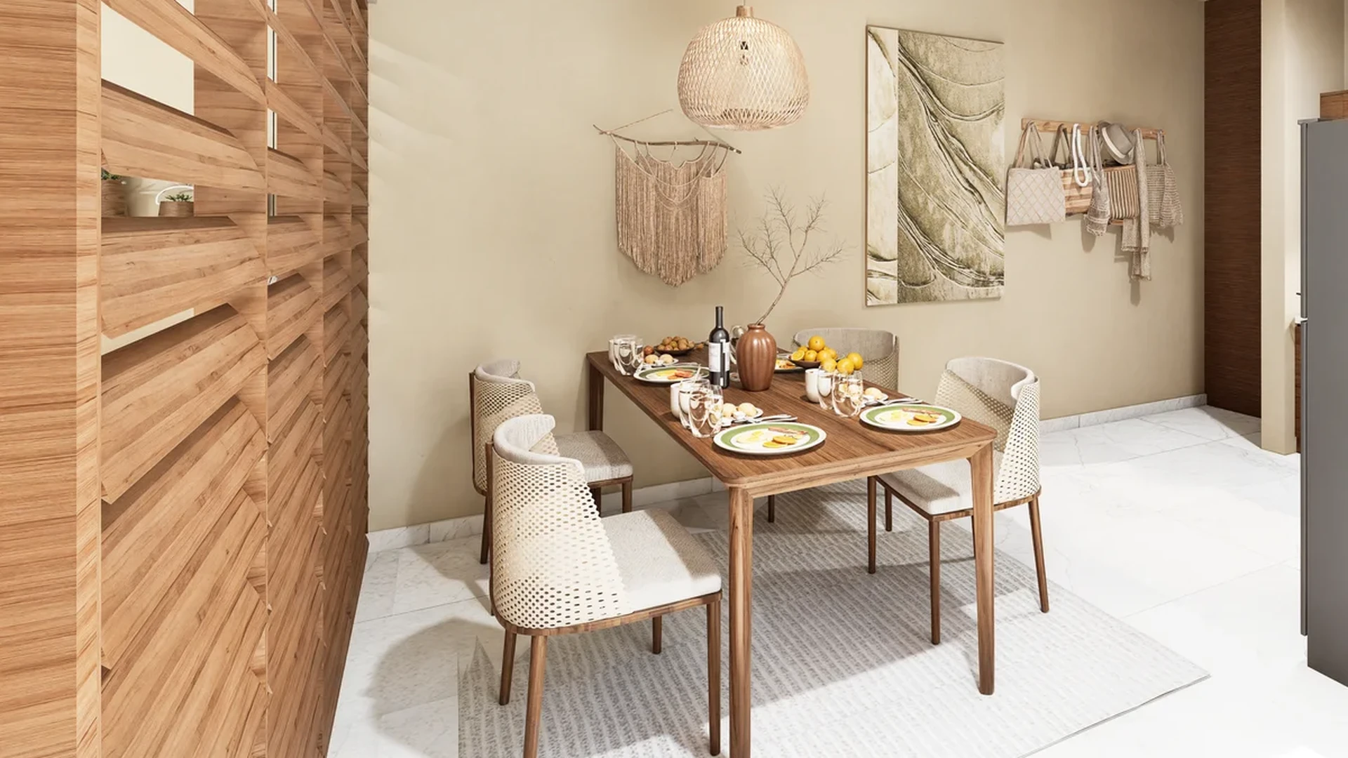 View of Dining Room at Calypso, showcasing Modern Interior, Wood Dining Table.