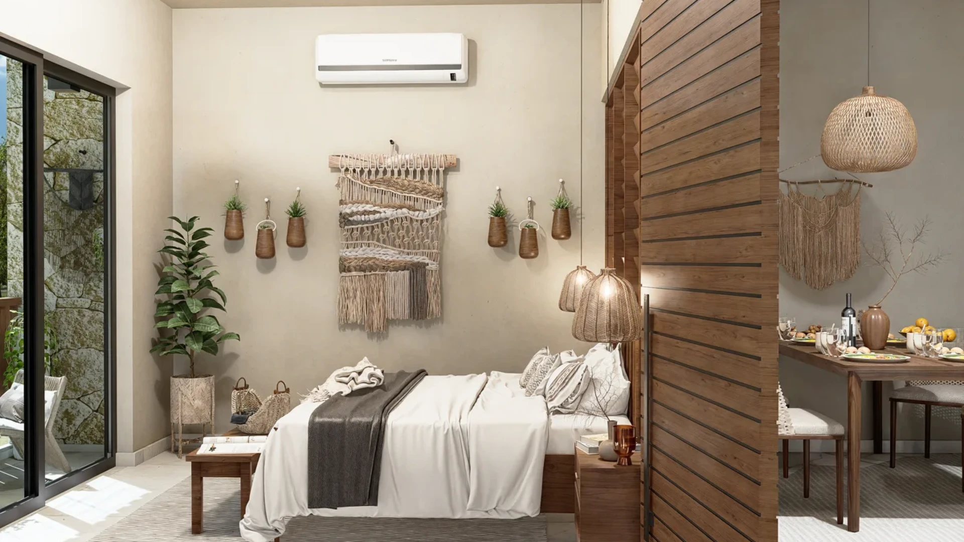 View of Boho Chic Bedroom at Calypso, showcasing Wood Accent Wall, Natural Light.