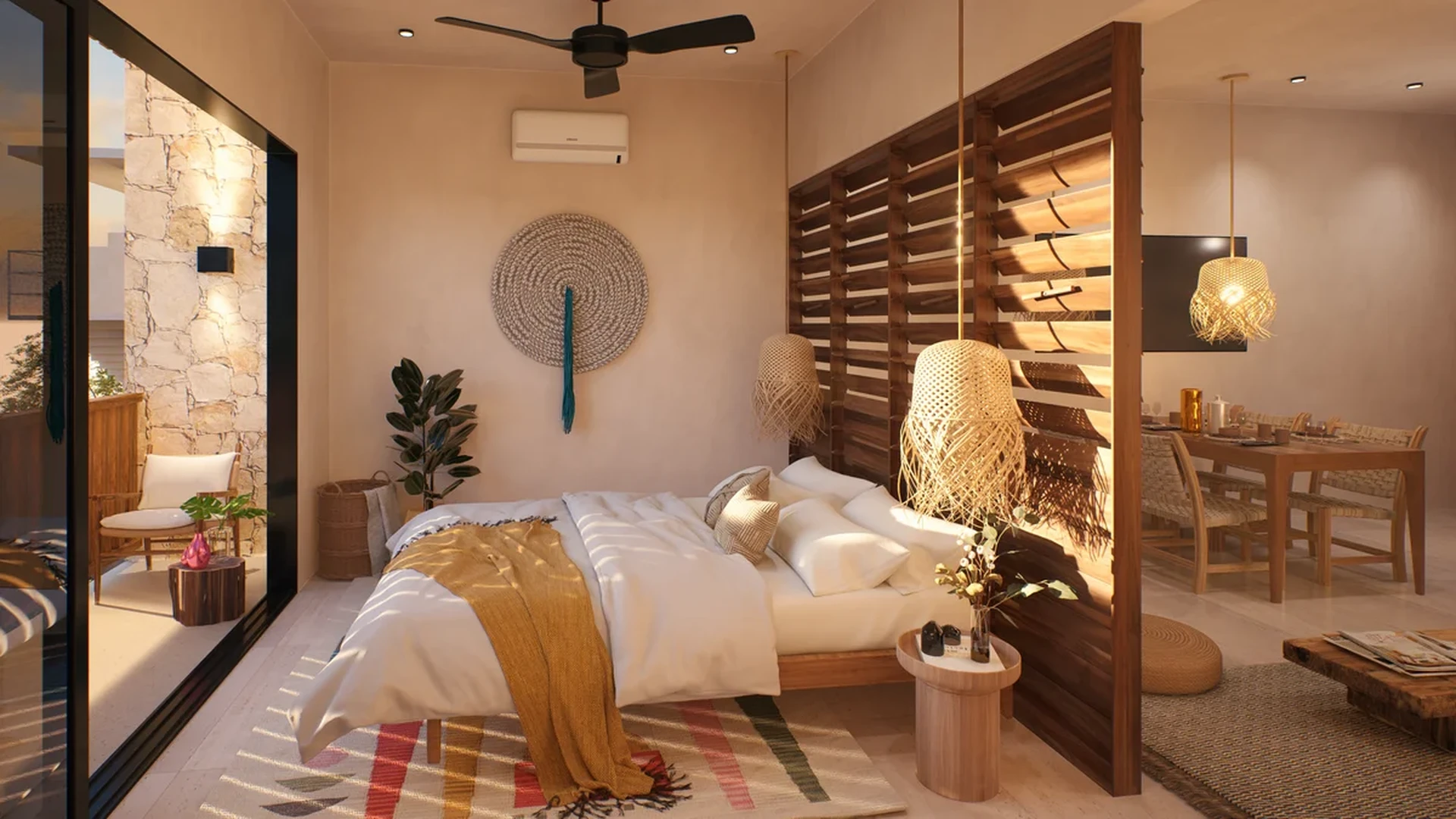 View of Bohemian Bedroom at Calypso, showcasing Natural Light, Wood Accents.