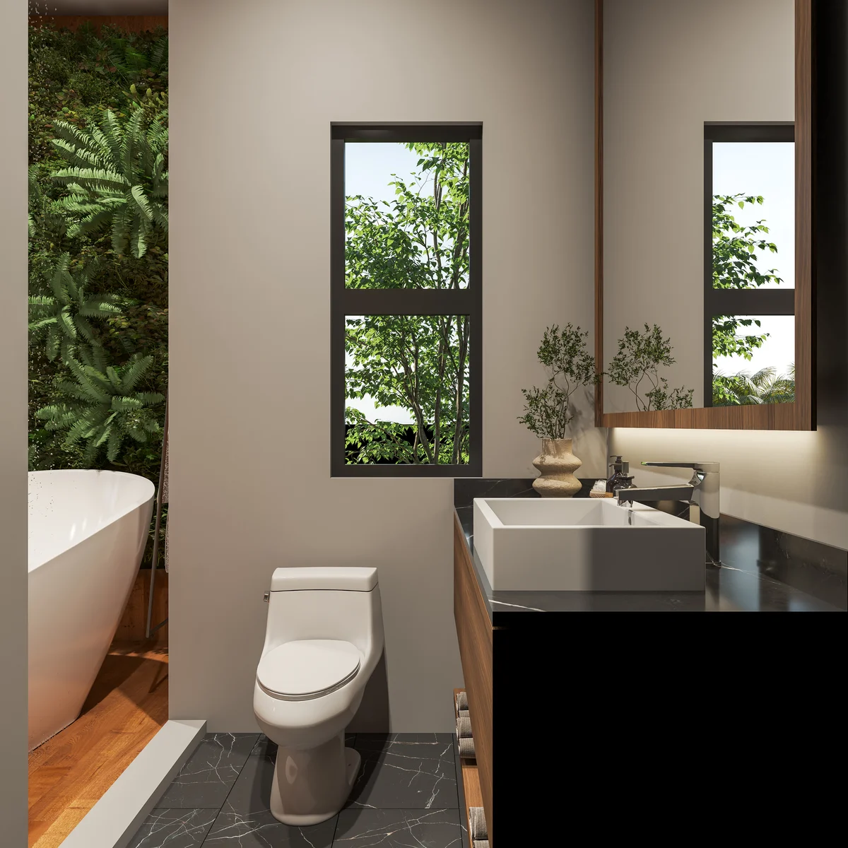 View of Modern Bathroom at Mya Diamond 64st, showcasing Spa Bathroom, Vertical Garden.