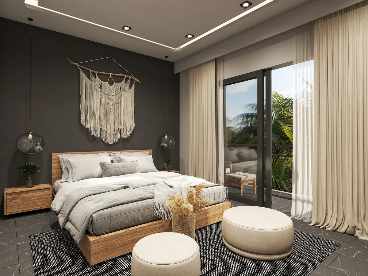 View of Modern Bedroom at Mya Diamond 64st, showcasing Bohemian Decor, Dark Accent Wall.