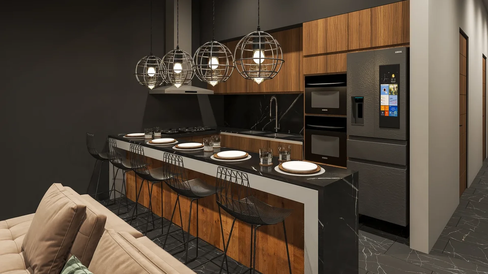 View of Modern Kitchen at Mya Diamond 64st, showcasing Kitchen Island, Breakfast Bar.