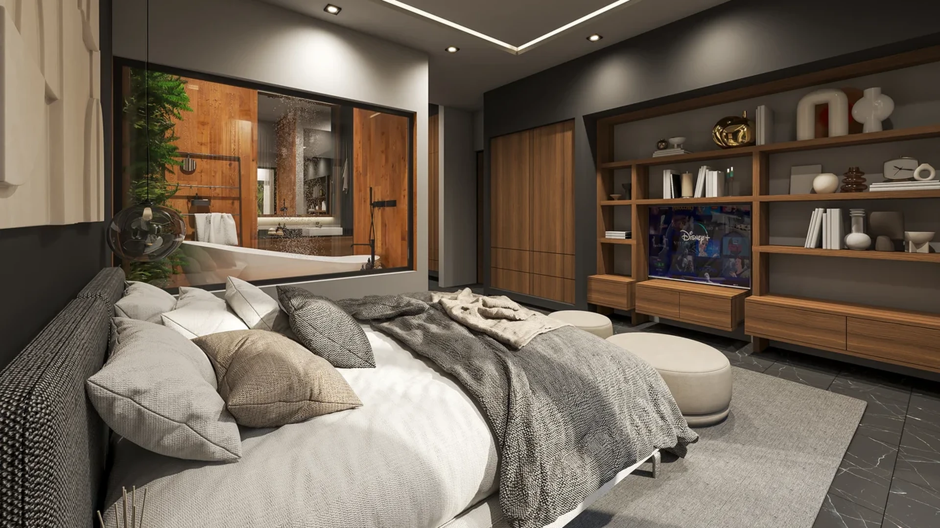 View of Luxury Bedroom at Mya Diamond 64st, showcasing Modern Interior Design, Ensuite Bathroom.