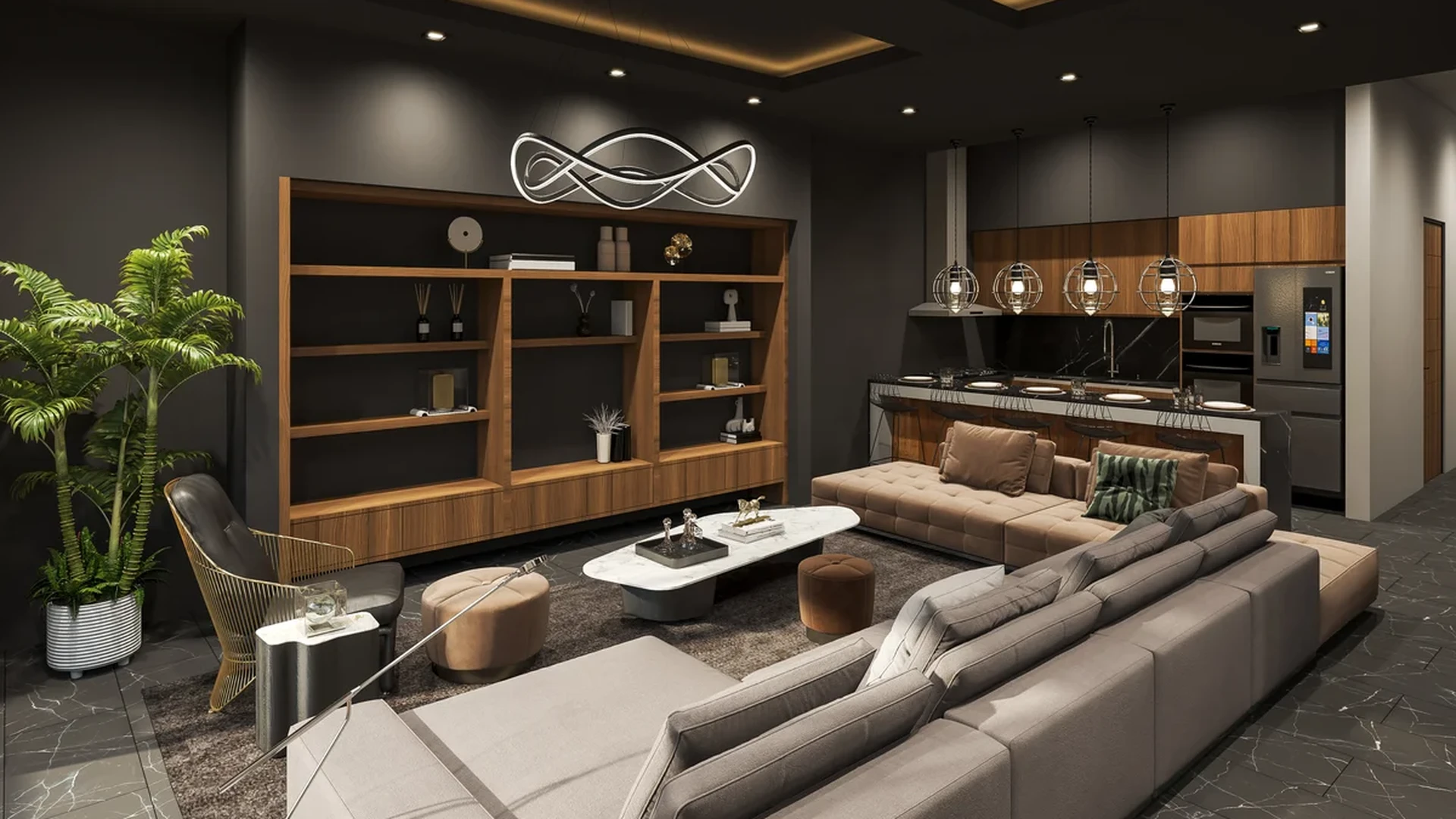 View of Modern Living Room at Mya Diamond 64st, showcasing Open Concept Kitchen, Designer Lighting.