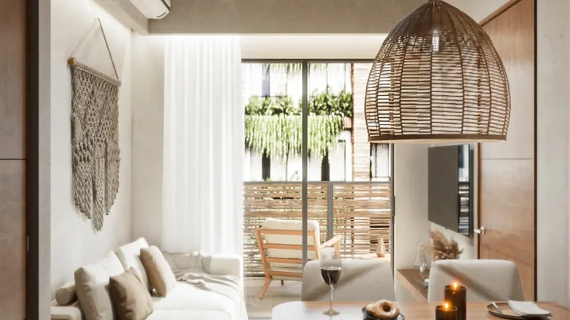 View of Open Concept Living at Naia Naay, showcasing Modern Dining Room, Bohemian Decor.