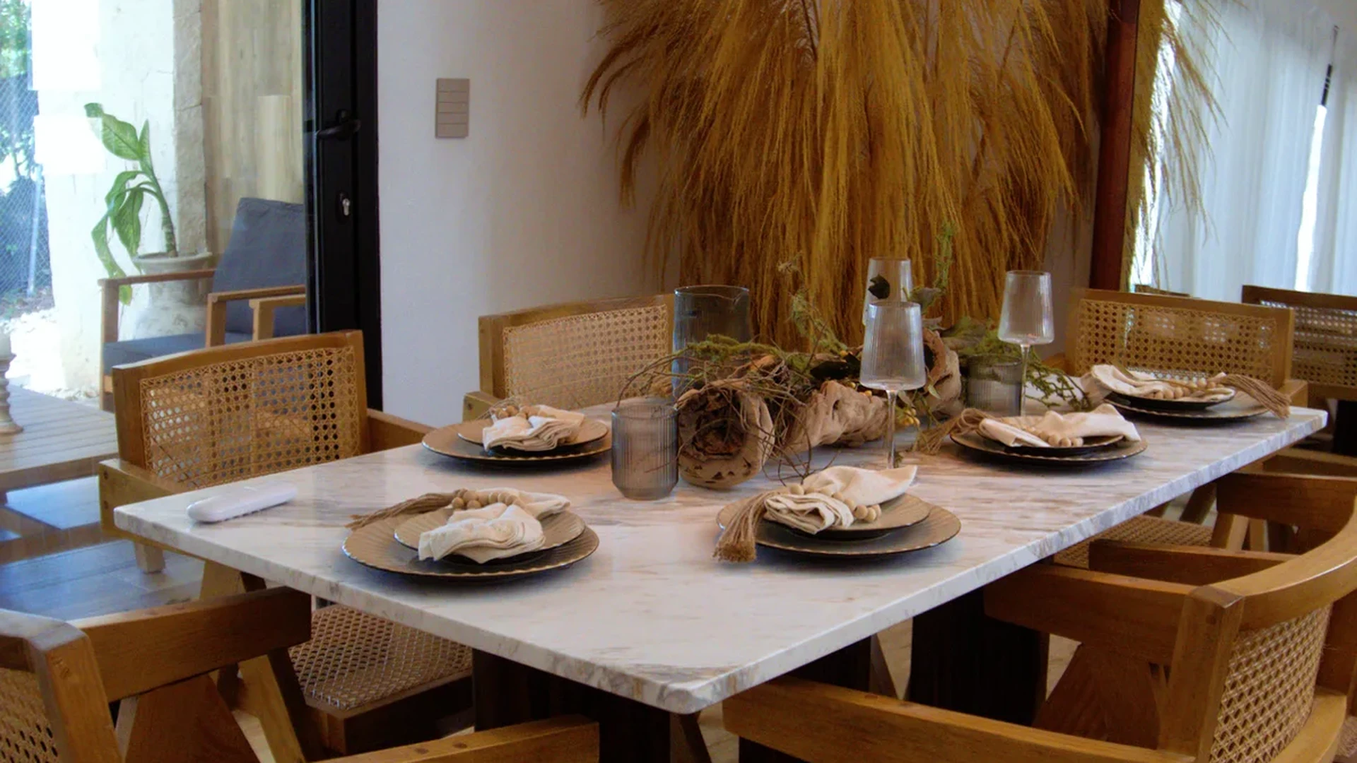 View of Dining Room at Baikal, showcasing Modern Design, Marble Table.