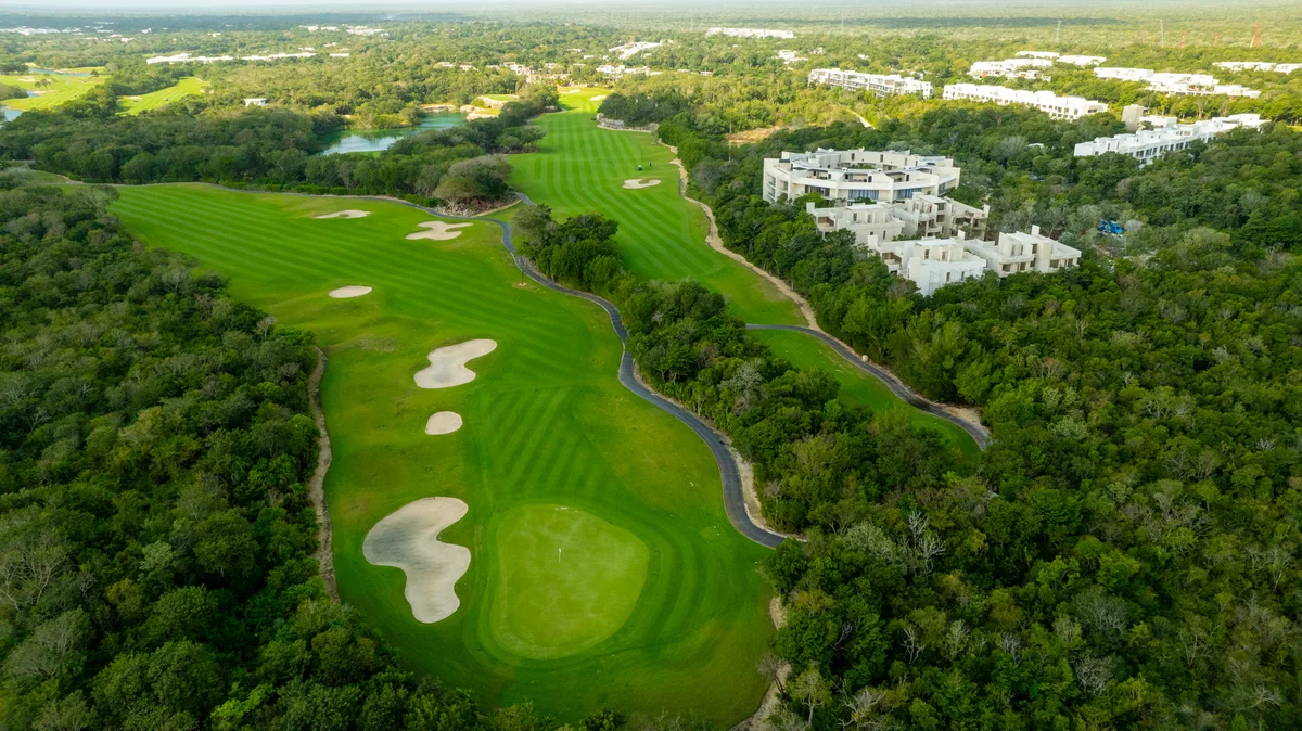 View of Aerial View at Baikal, showcasing Golf Course Community, Luxury Real Estate.