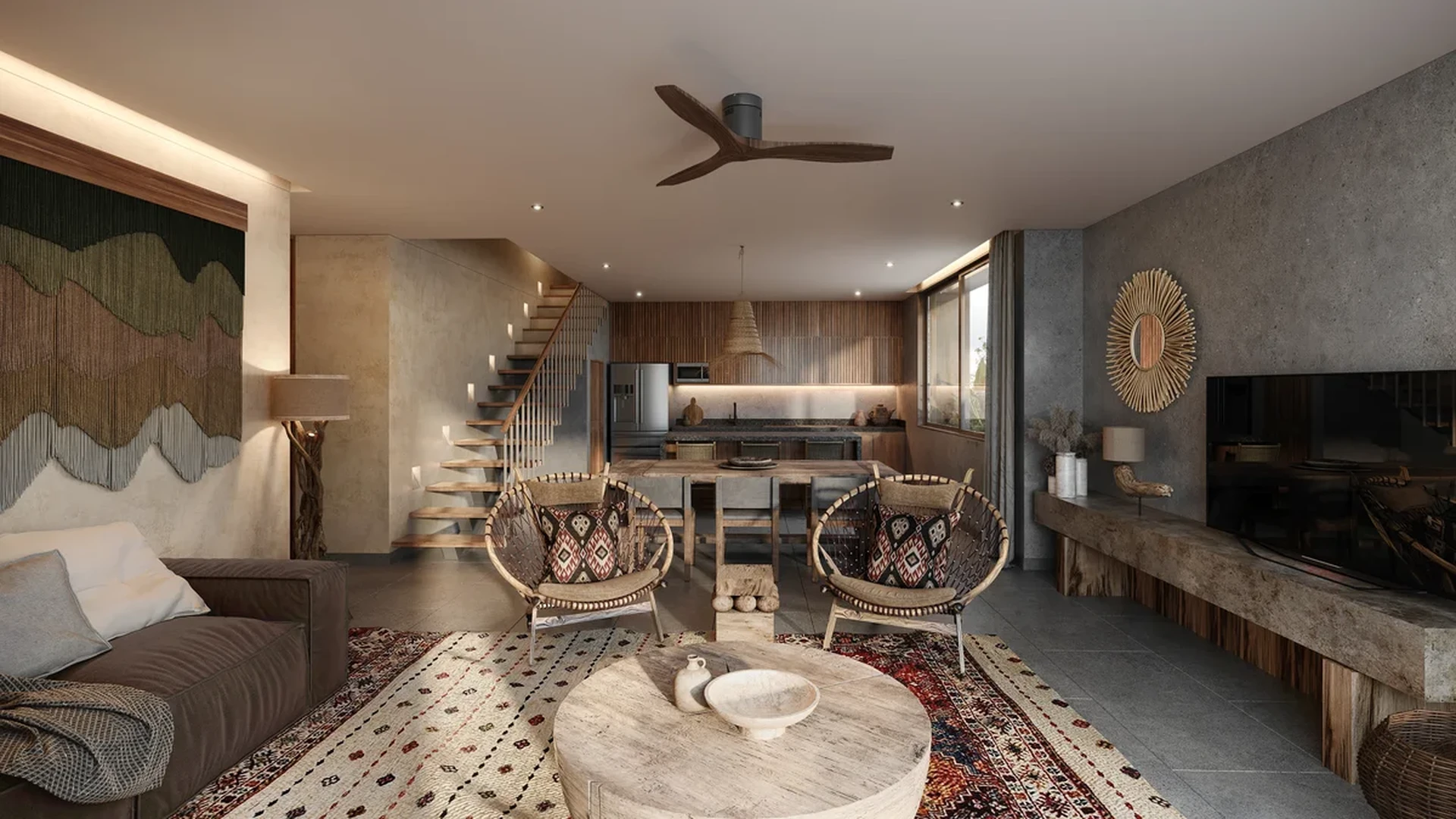 View of Open Concept Living at Mestiza 15, showcasing Bohemian Interior Design, Rustic Decor.