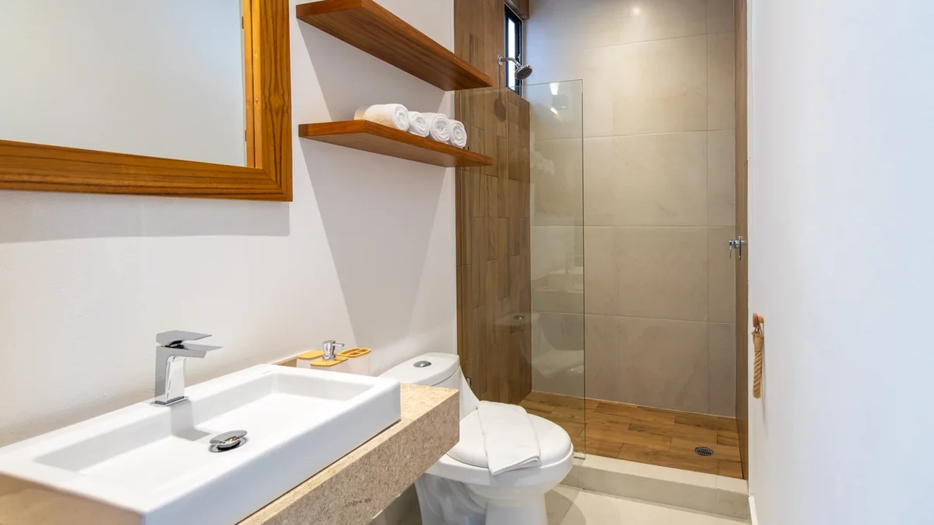 View of Modern Bathroom at Nativo, showcasing Walk-in Shower, Vessel Sink.