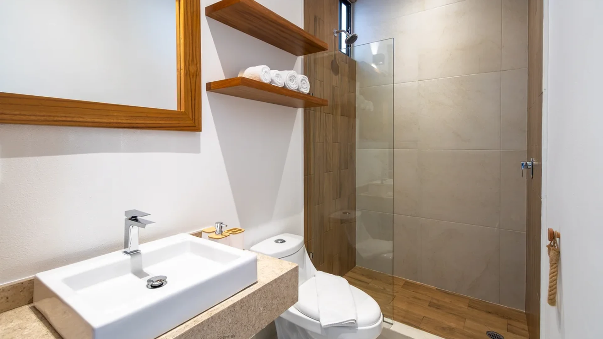 View of Modern Bathroom at Nativo, showcasing Walk-in Shower, Vessel Sink.