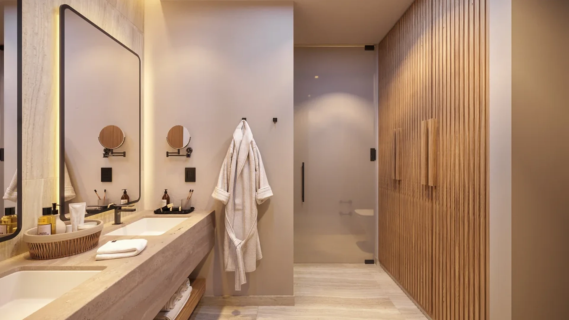View of Luxury Bathroom at Inna Condos, showcasing Double Vanity, Modern Design.