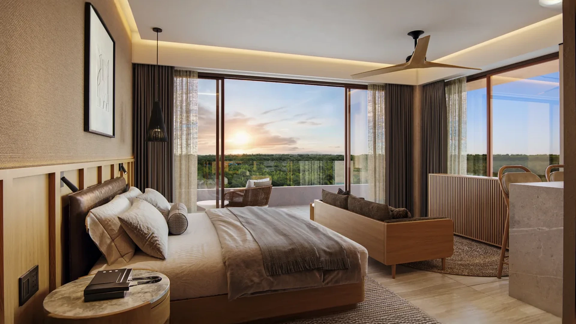 View of Modern Bedroom at Inna Condos, showcasing Luxury Suite, Sunset View.