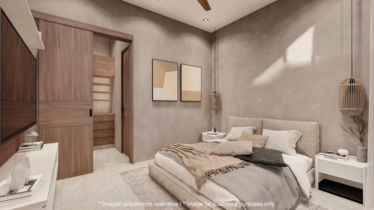View of Modern Bedroom at Villas Aliada, showcasing Neutral Tones, Wood Accents.