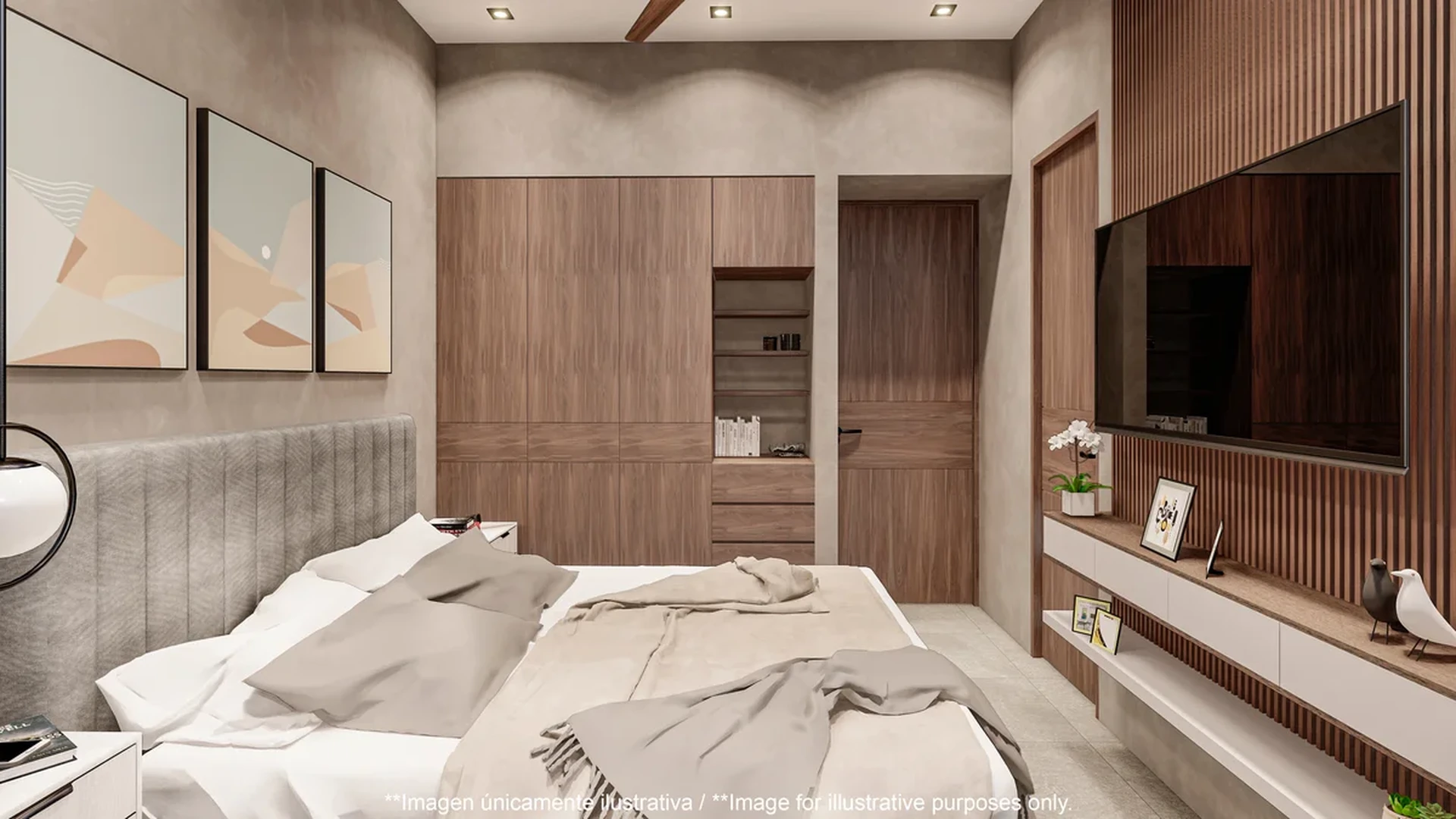 View of Modern Bedroom at Villas Aliada, showcasing Built-in Wardrobe, Wood Paneling.