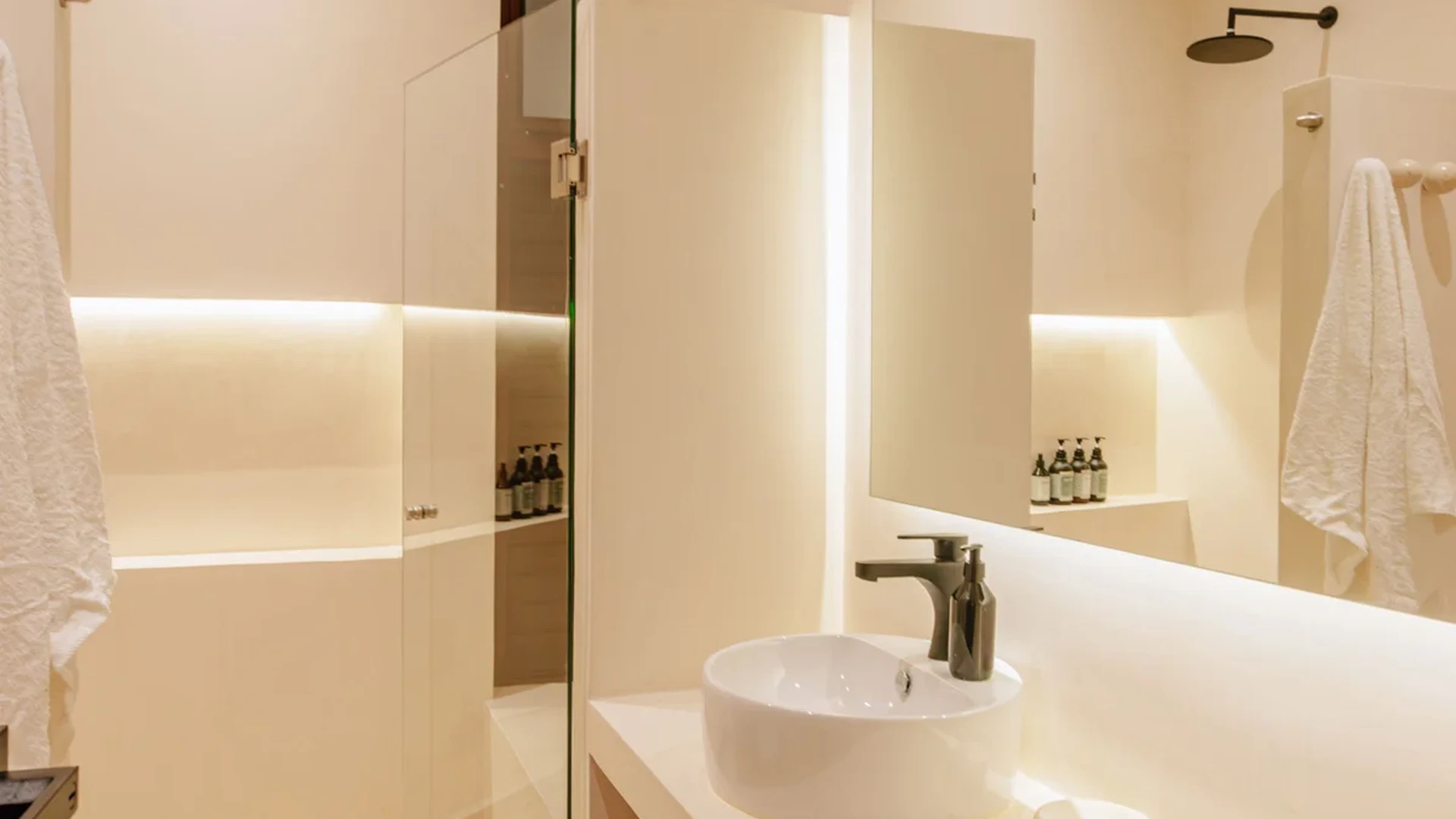 View of Modern Bathroom at Bacab, showcasing Walk-in Shower, Vessel Sink.
