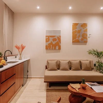 View of Studio Apartment at Bacab, showcasing Kitchenette, Modern Living.