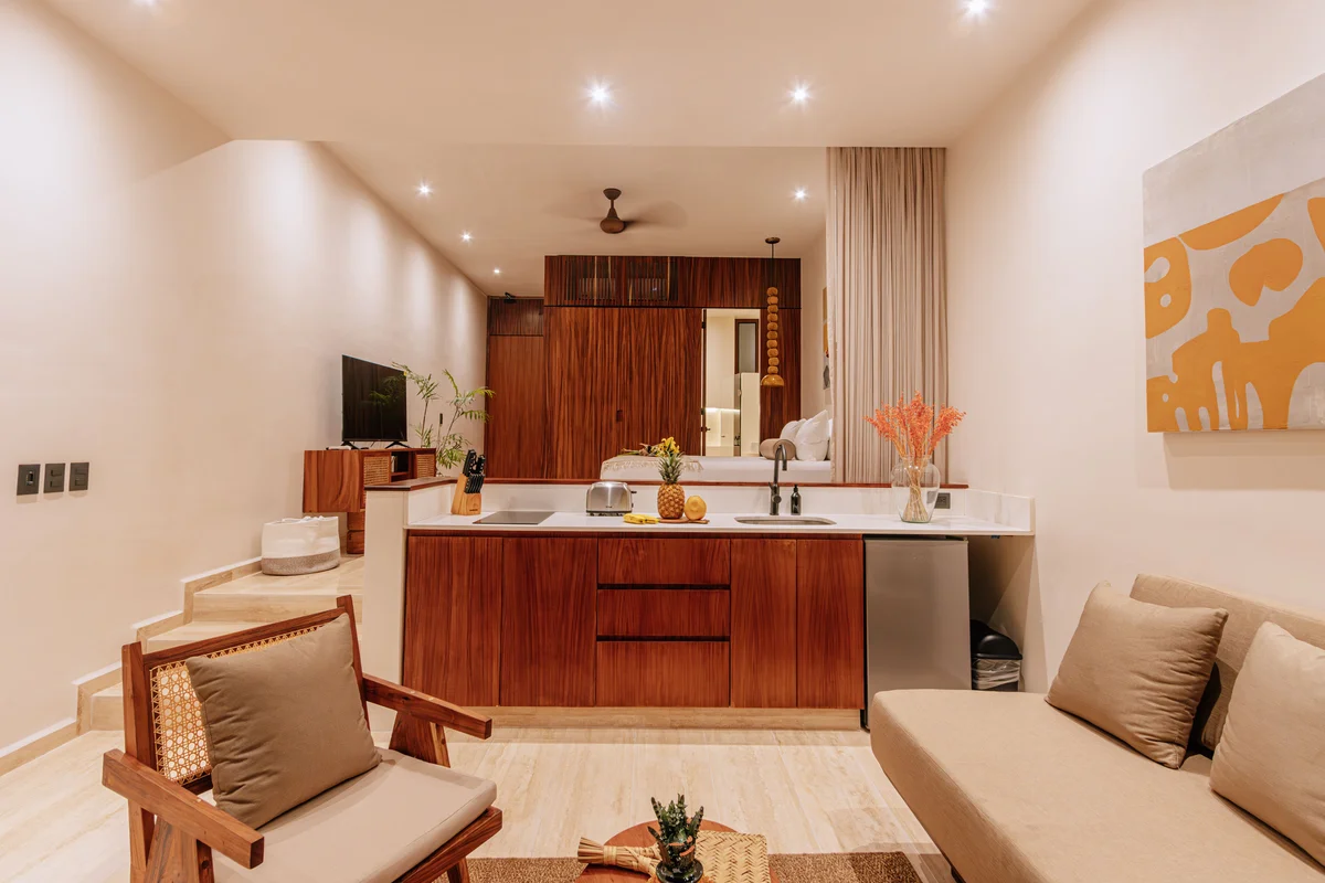 View of Studio Apartment at Bacab, showcasing Modern Interior, Wood Cabinetry.