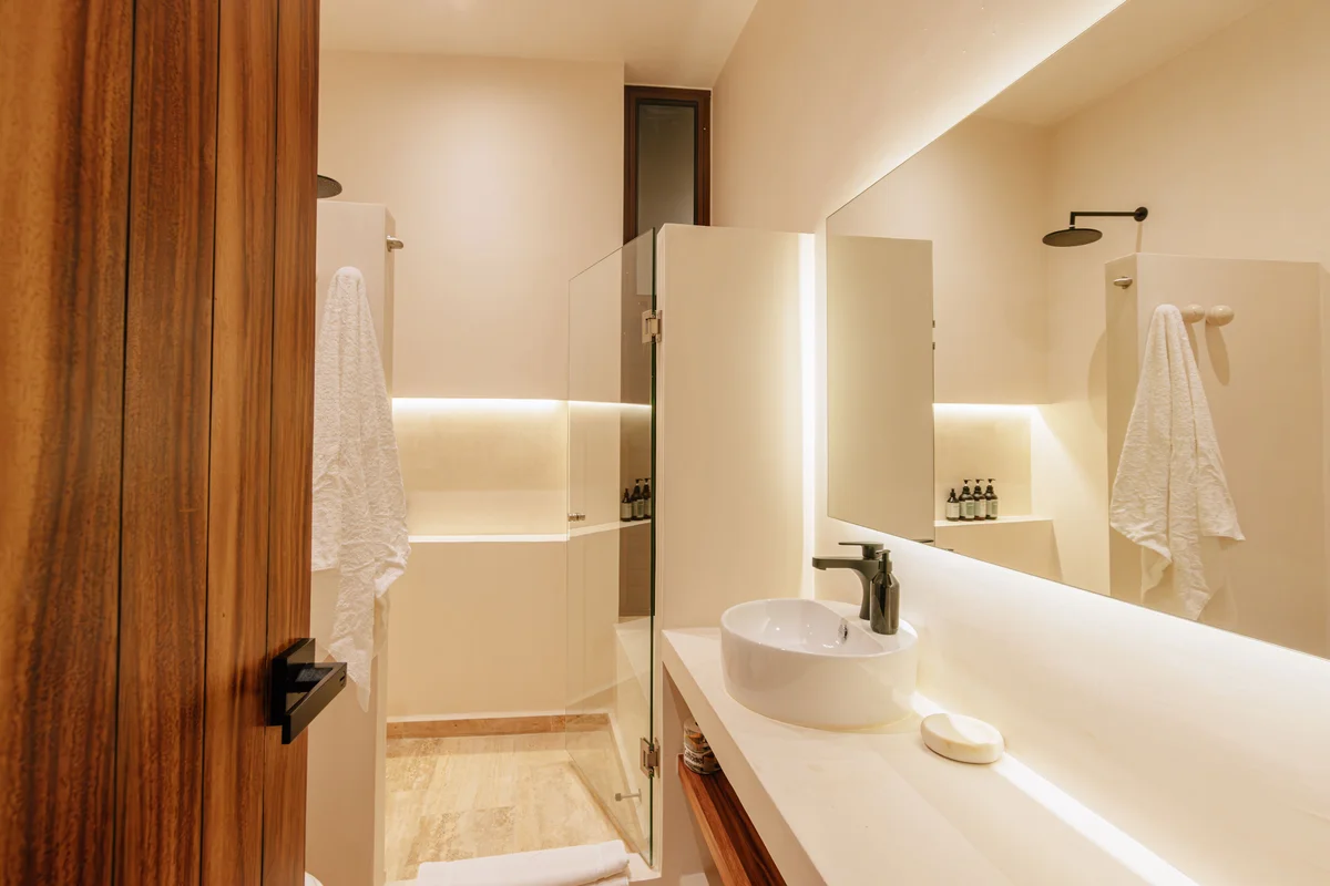 View of Modern Bathroom at Bacab, showcasing Spa-like Bathroom, Walk-in Shower.