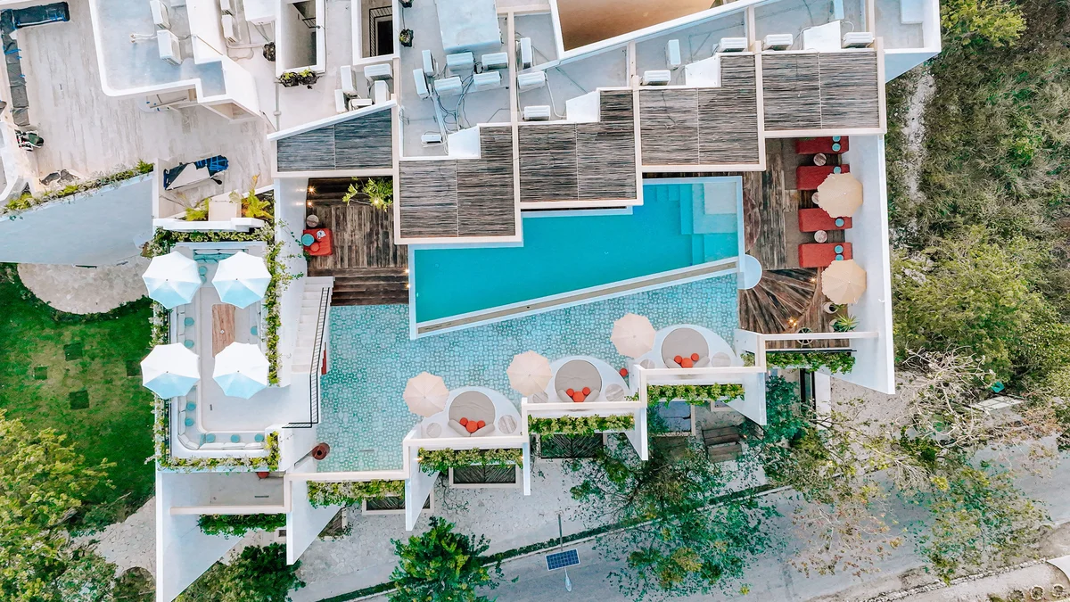 Image of Swimming Pool at Bacab, featuring Aerial View, Modern Architecture.