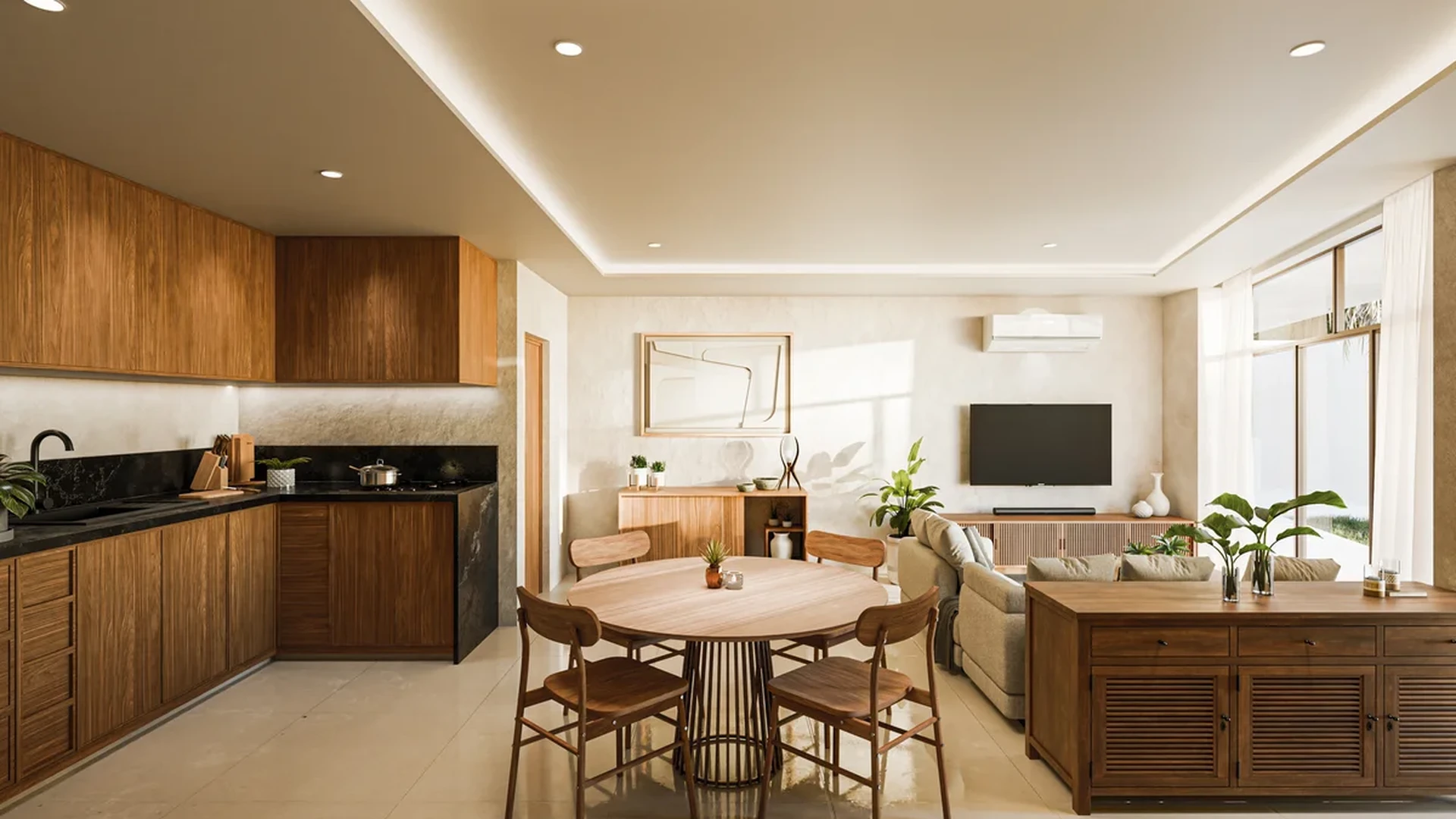 View of Open Concept Living at Laurel, showcasing Modern Kitchen, Wood Cabinetry.