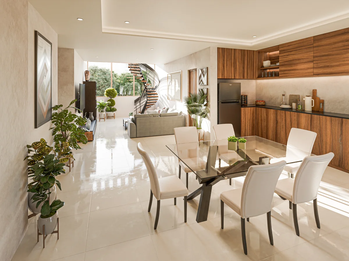 View of Open-Concept Living at Laurel, showcasing Modern Kitchen, Dining Area.