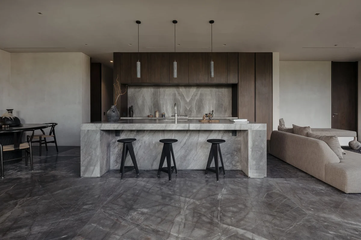 View of Modern Kitchen at La Reserva, showcasing Open Concept Living, Marble Flooring.