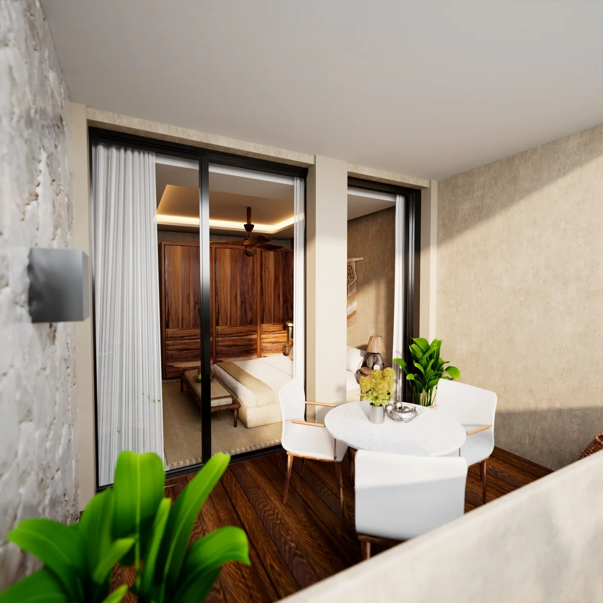 View of Private Balcony at Hunab Ku Sanctuary, showcasing Bedroom with Terrace, Wood Flooring.