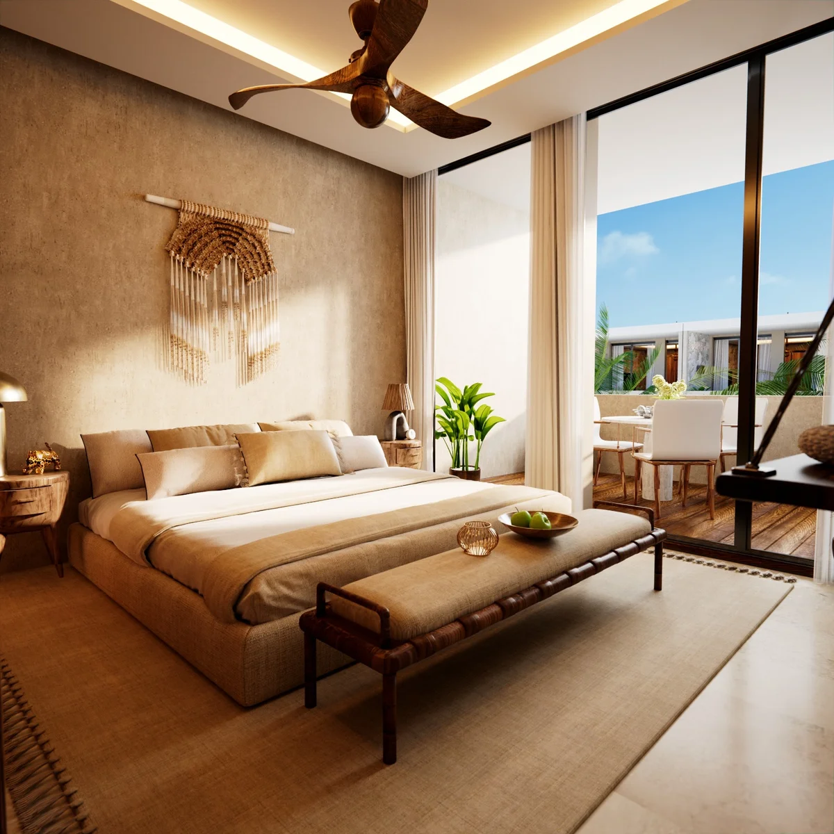 View of Bedroom at Hunab Ku Sanctuary, showcasing Bohemian Decor, Natural Light.