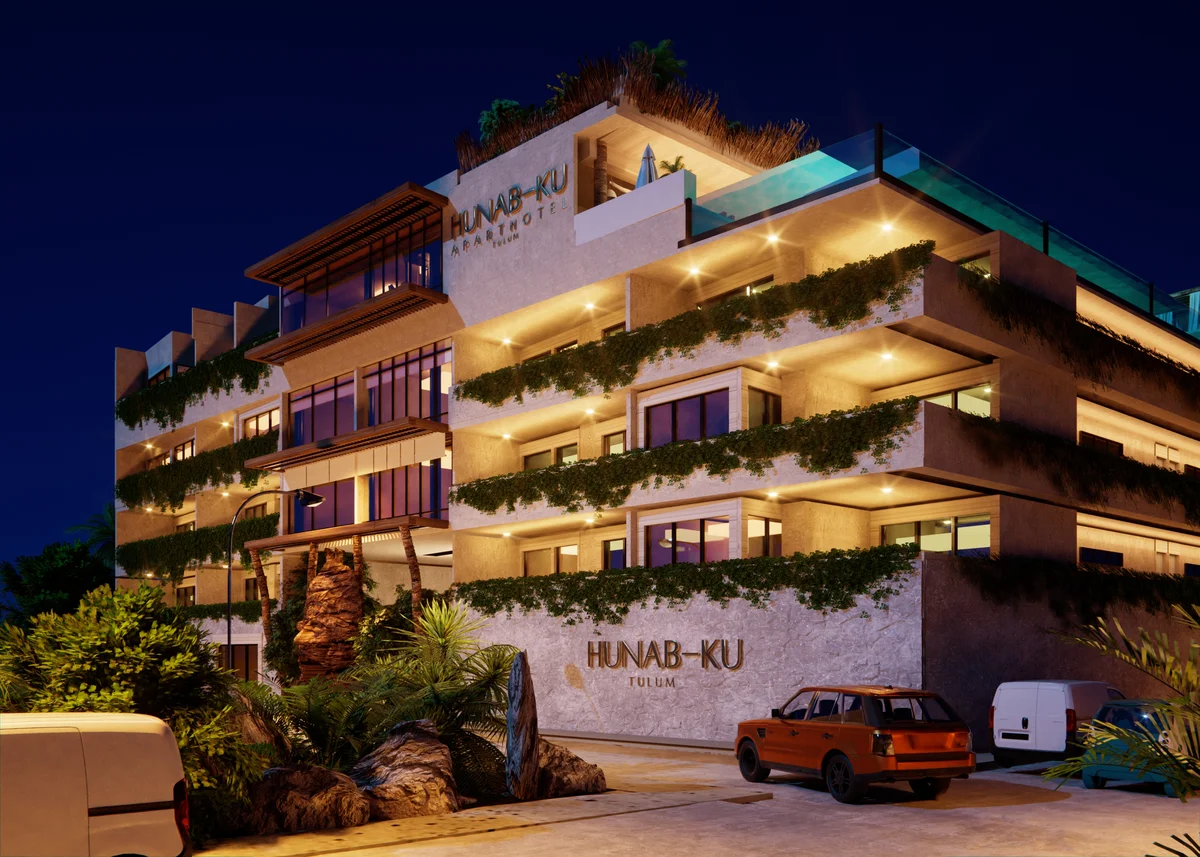 Image of Swimming Pool at Hunab Ku Sanctuary, featuring Modern Architecture, Exterior Night View.