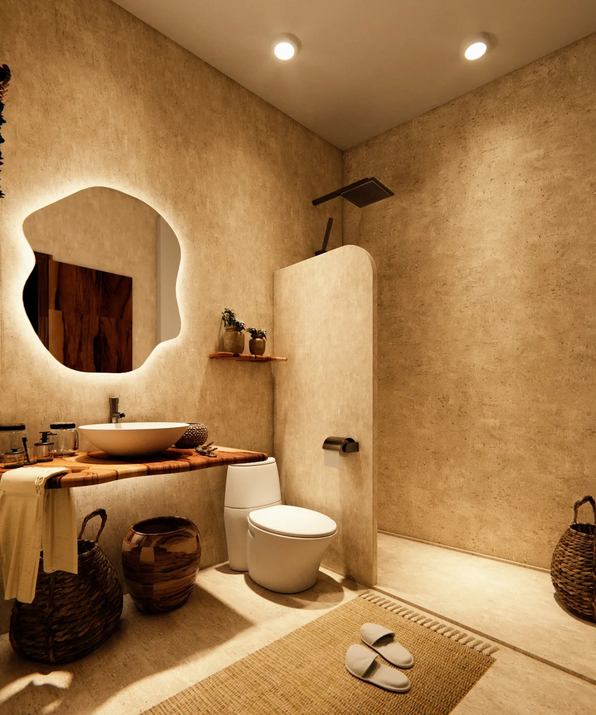 View of Modern Bathroom at Hunab Ku Sanctuary, showcasing Rustic Design, Walk-in Shower.