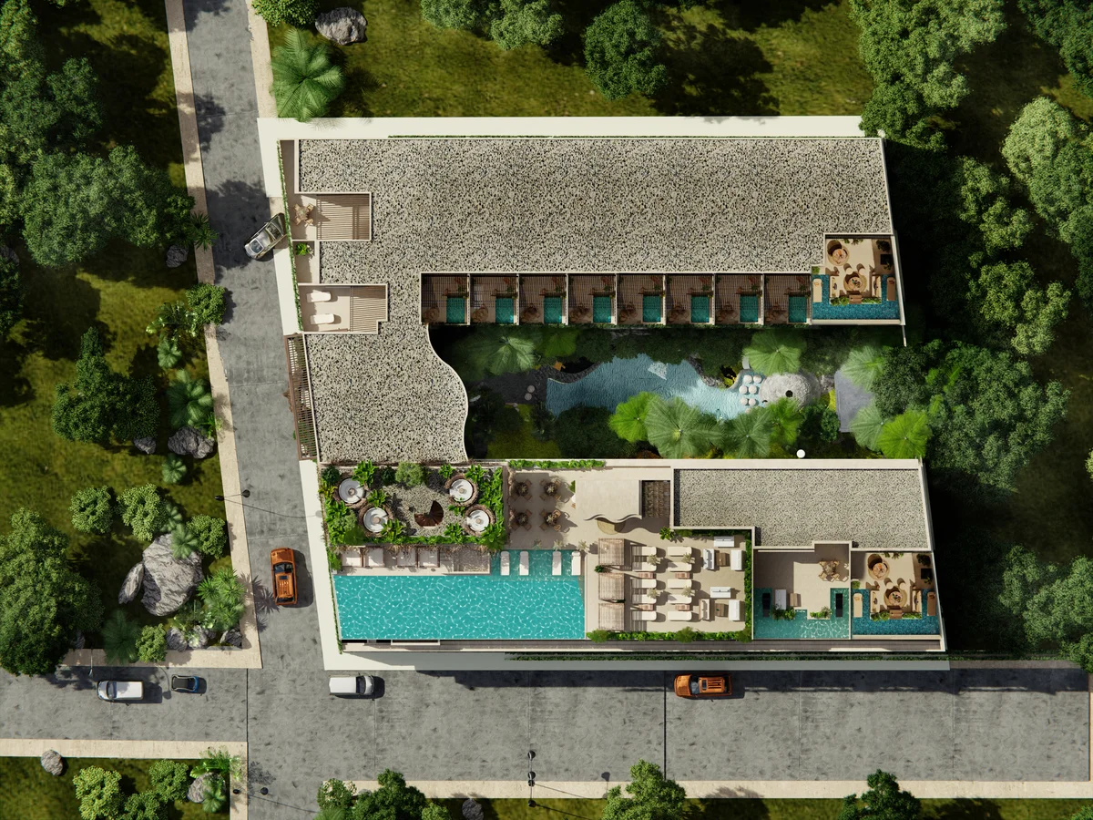 Image of Swimming Pool at Hunab Ku Sanctuary, featuring Aerial View Rendering, Site Plan.