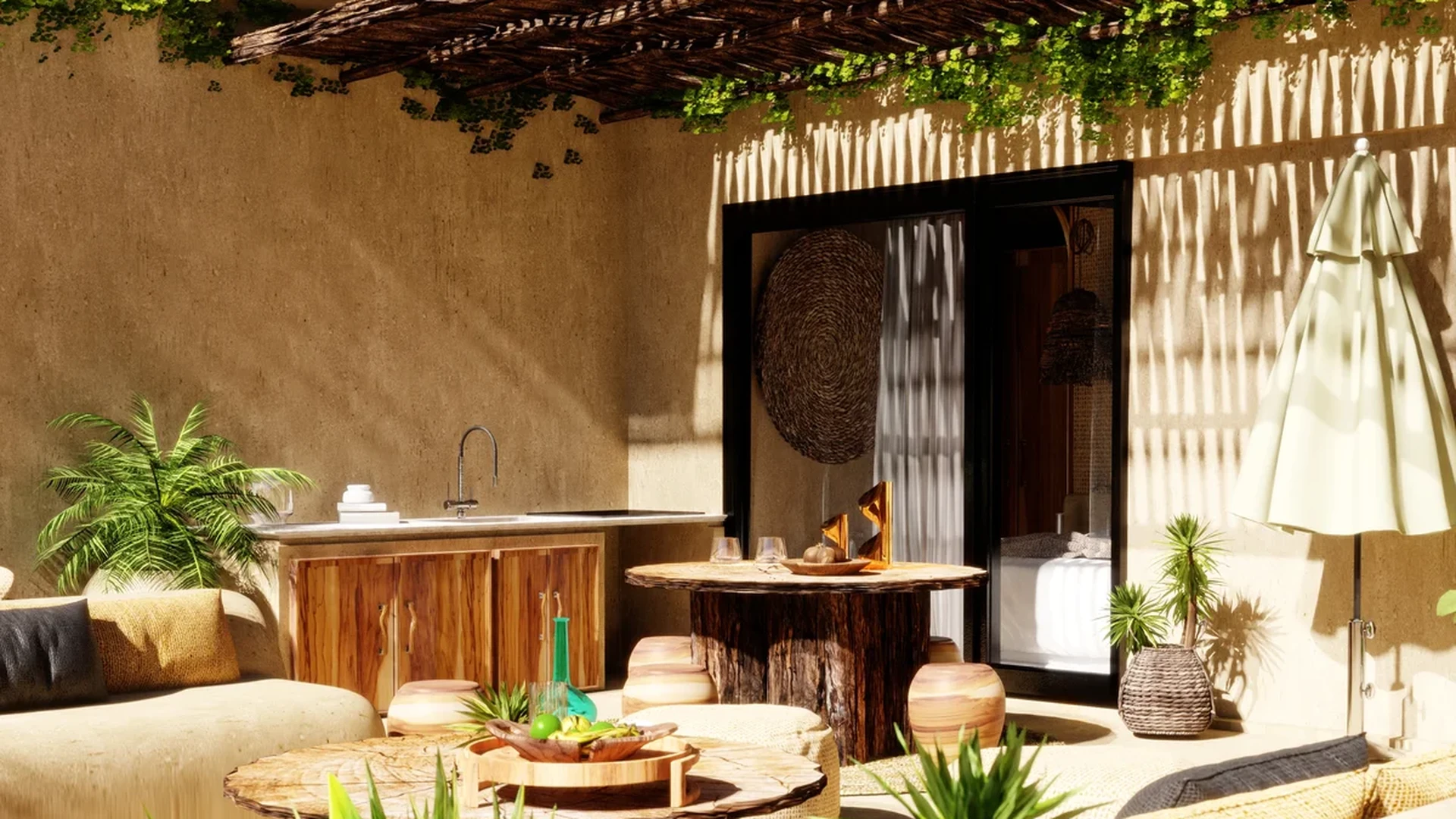 View of Private Terrace at Hunab Ku Sanctuary, showcasing Outdoor Living, Bohemian Decor.