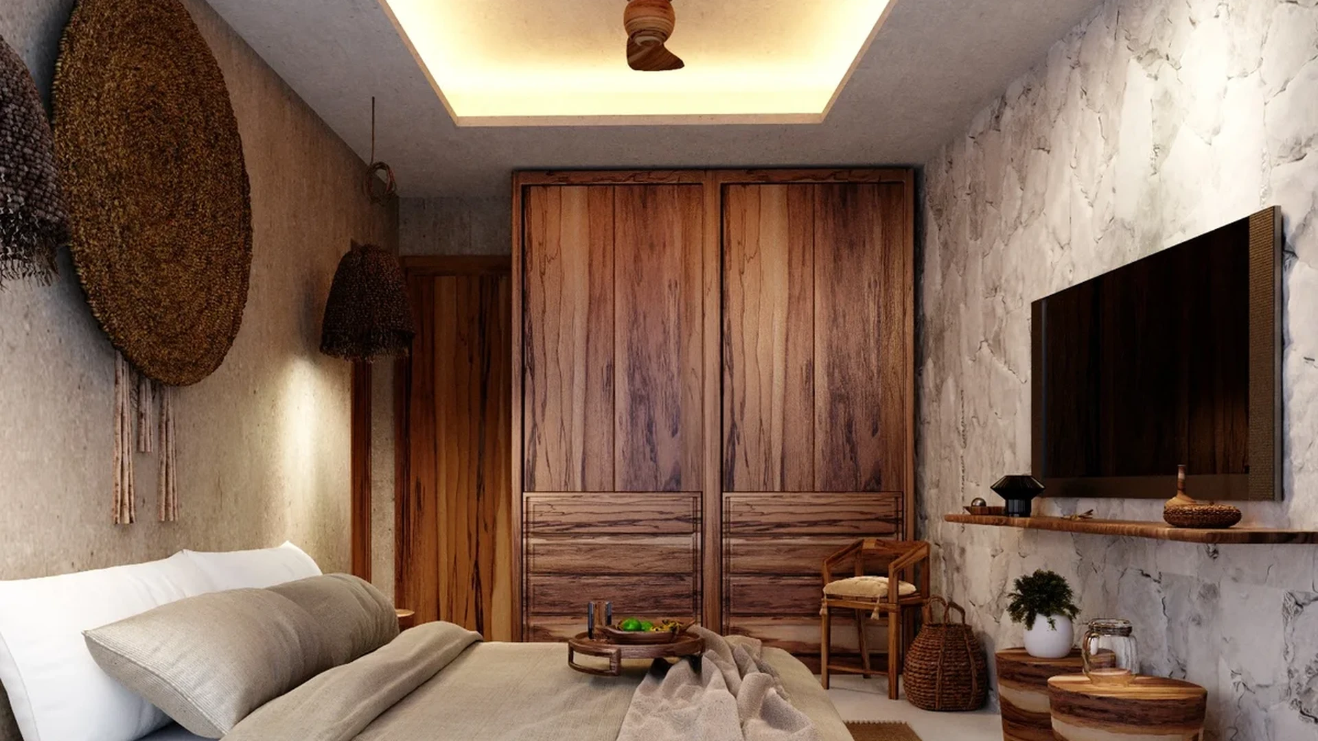 View of Rustic Bedroom at Hunab Ku Sanctuary, showcasing Natural Wood Finishes, Stone Accent Wall.