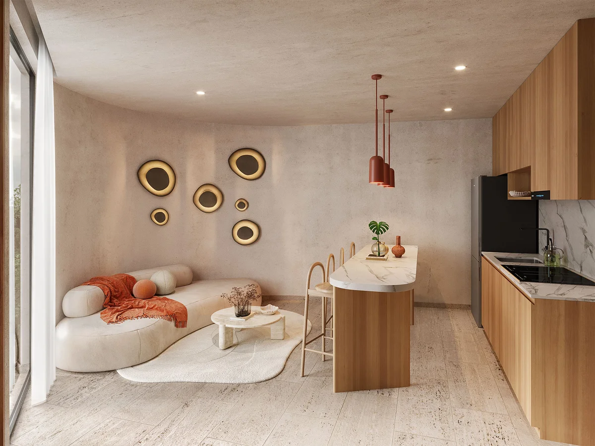 View of Open Concept Living at The Curve, showcasing Modern Kitchen, Wood Cabinetry.