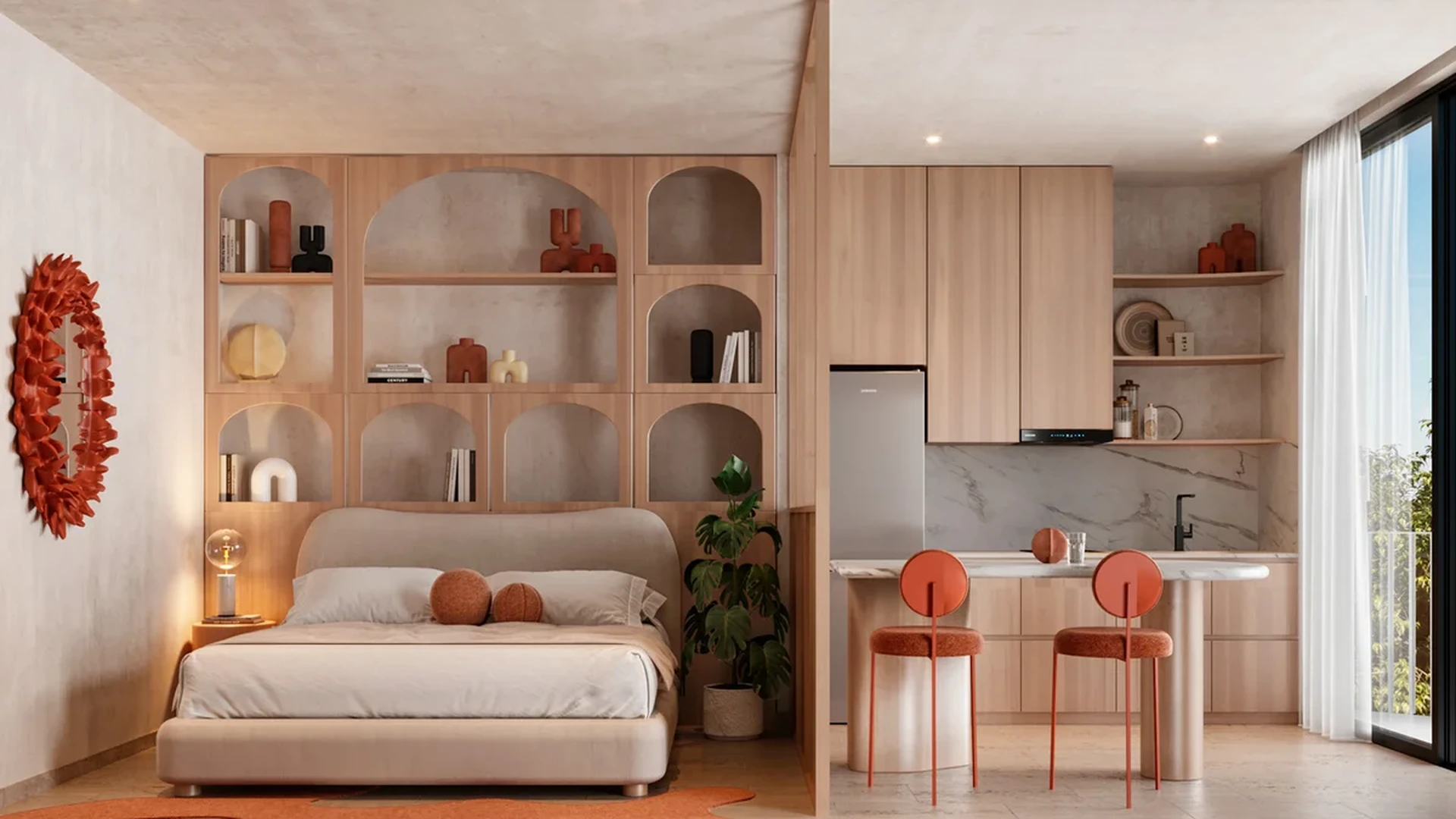 View of Studio Apartment at The Curve, showcasing Modern Interior Design, Open Concept Living.