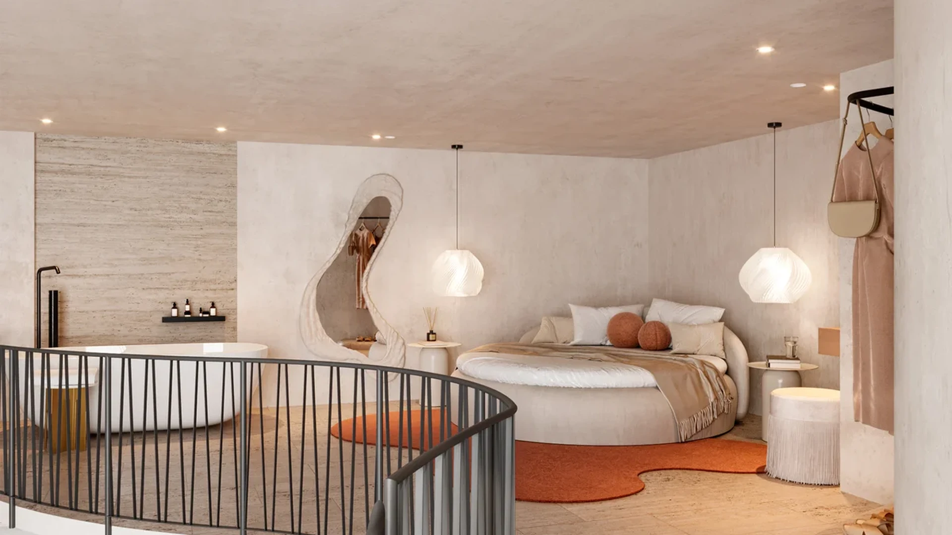 View of Loft Bedroom at The Curve, showcasing Open Concept, Modern Interior Design.