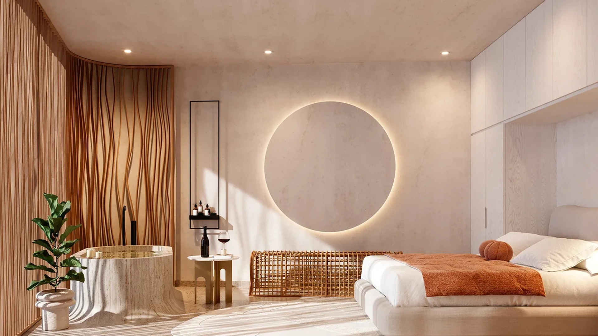 View of Luxury Bedroom at The Curve, showcasing Modern Interior Design, Ensuite Bathtub.