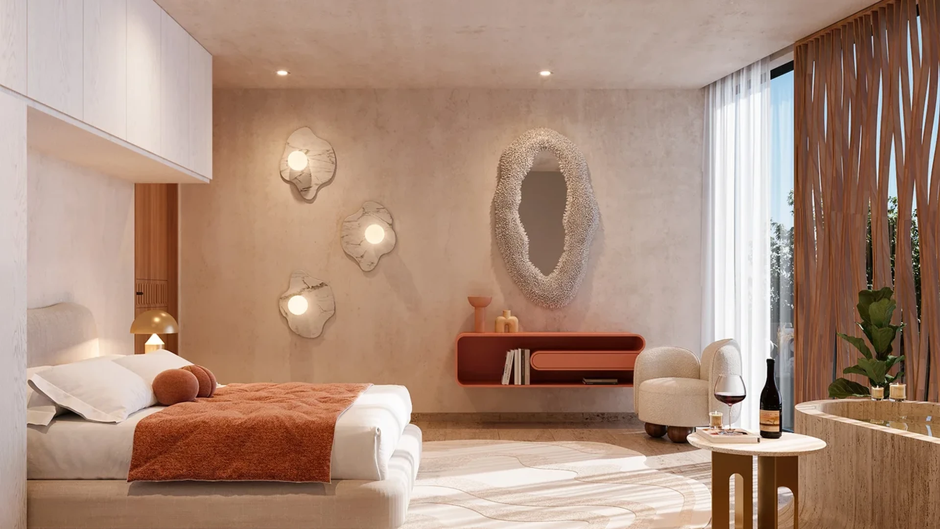 View of Luxury Bedroom at The Curve, showcasing Modern Interior Design, Stone Flooring.