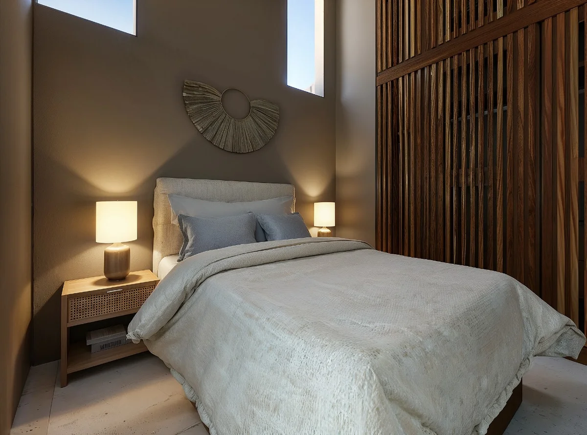 View of Modern Bedroom at Alux 33, showcasing Wood Accent Wall, Neutral Color Palette.