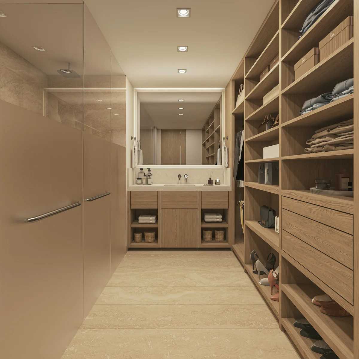View of Walk-in Closet at Hodela, showcasing Dressing Room, Custom Cabinetry.