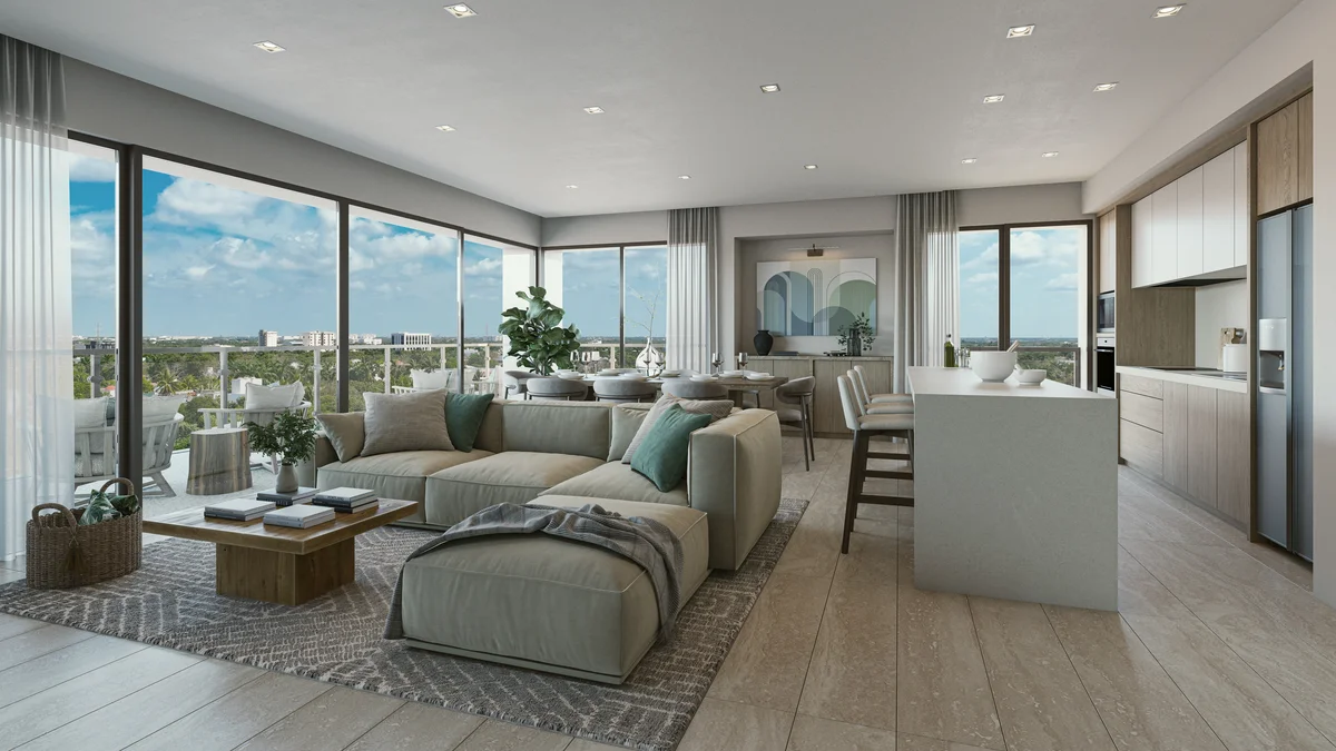 View of Open Concept Living at Hodela, showcasing Modern Kitchen, Living Room.